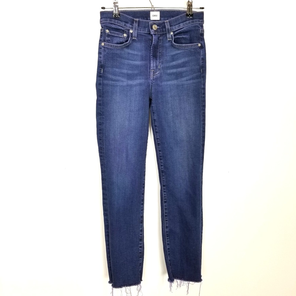 Edwin Women High Rise Skinny Jeans Sz 25 Blue Denim Raw Hem City